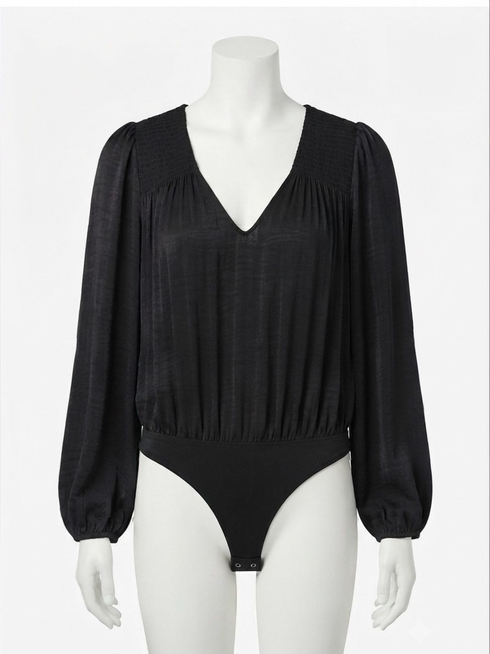 Free People Intimately Smocked Long Sleeve Bodysuit Black Thong XS